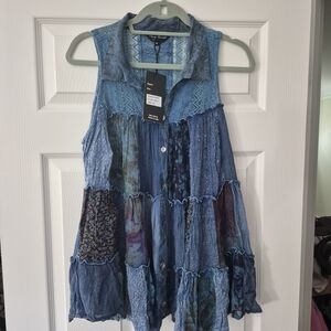 Patchwork Blue Sleeveless Button Dress